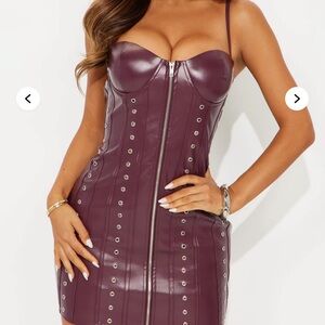 Faux Leather Burgundy Bodycon Dress with Zip Front